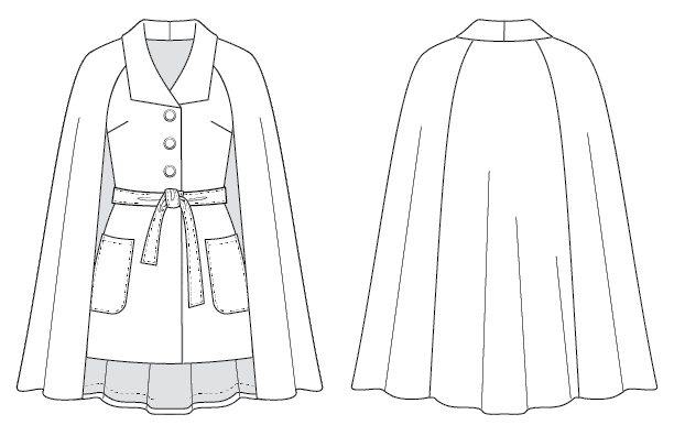 Drama Club Cape sewing pattern line art from Charm Patterns by Gertie.